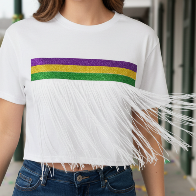 Mardi Gras Glitter Stripes & Fringe, White