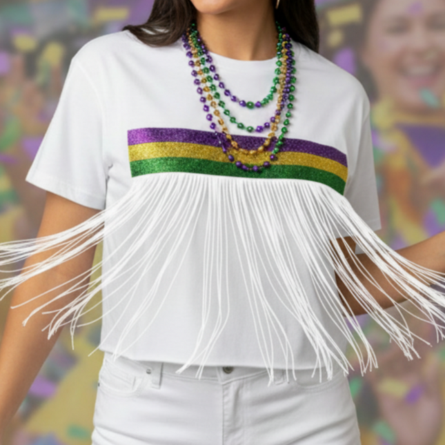Mardi Gras Glitter Stripes & Fringe, White